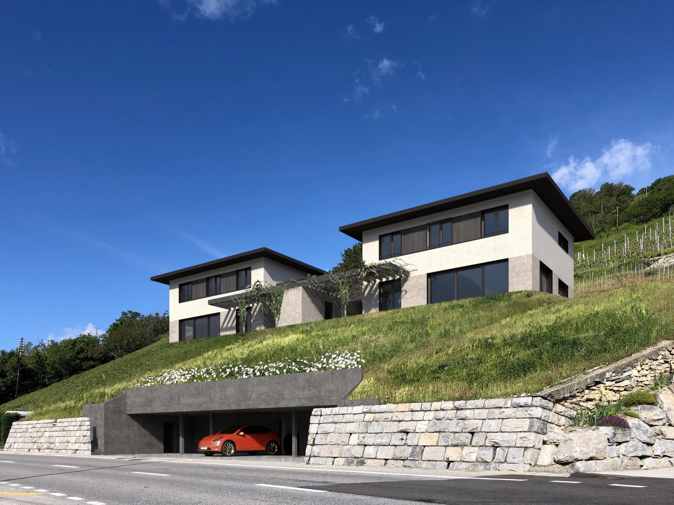 Deux maisons contemporaines implantées sur un coteau suisse